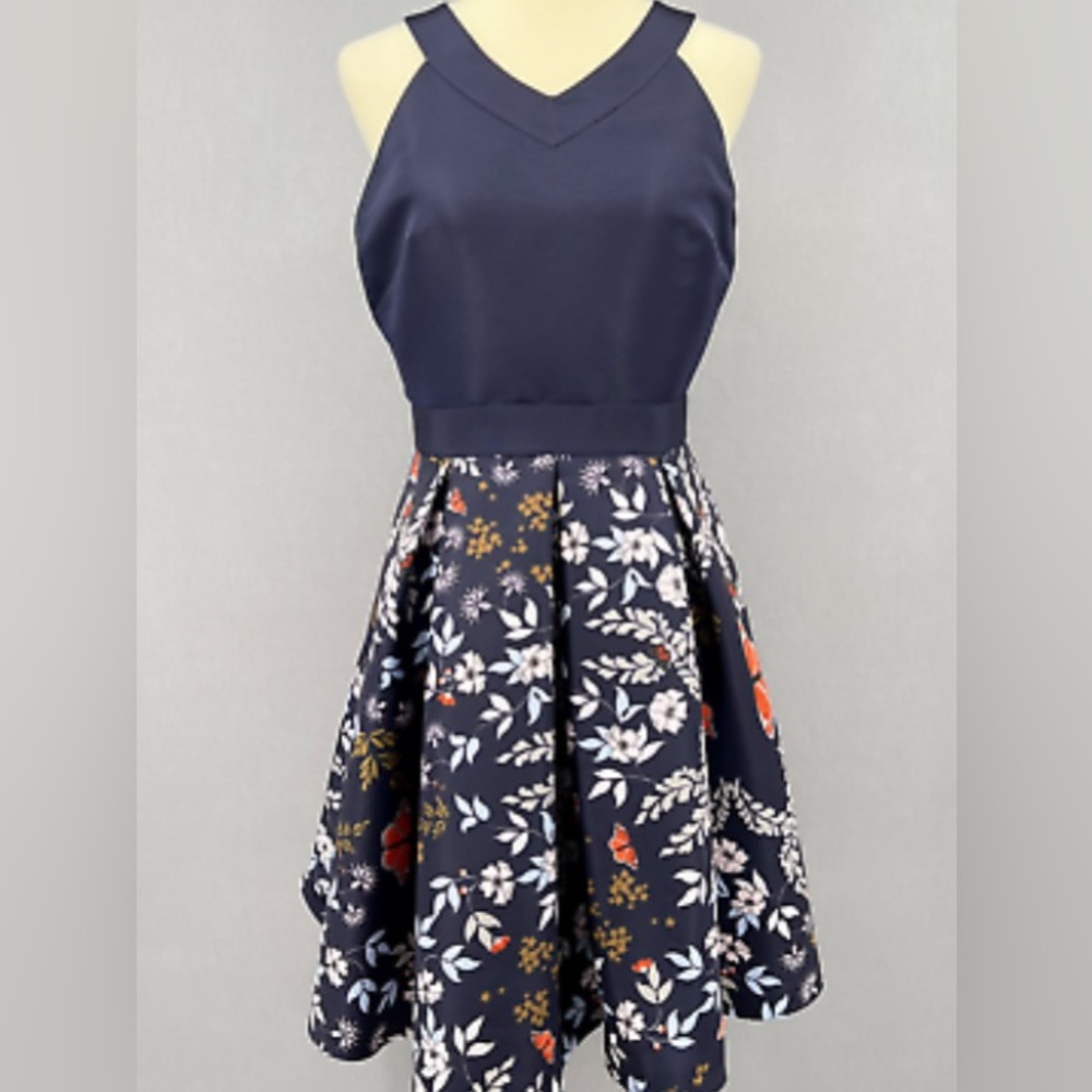 NWT Ted Baker Navy Butterfly Dress W/ Pleated Skirt.  SZ 5